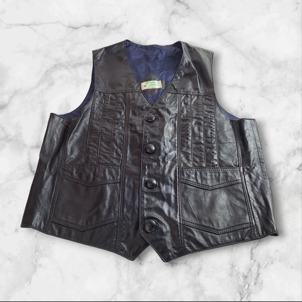 Womens Genuine Leather Black Vest 4 Buttons & Pockets Made In Mexico
